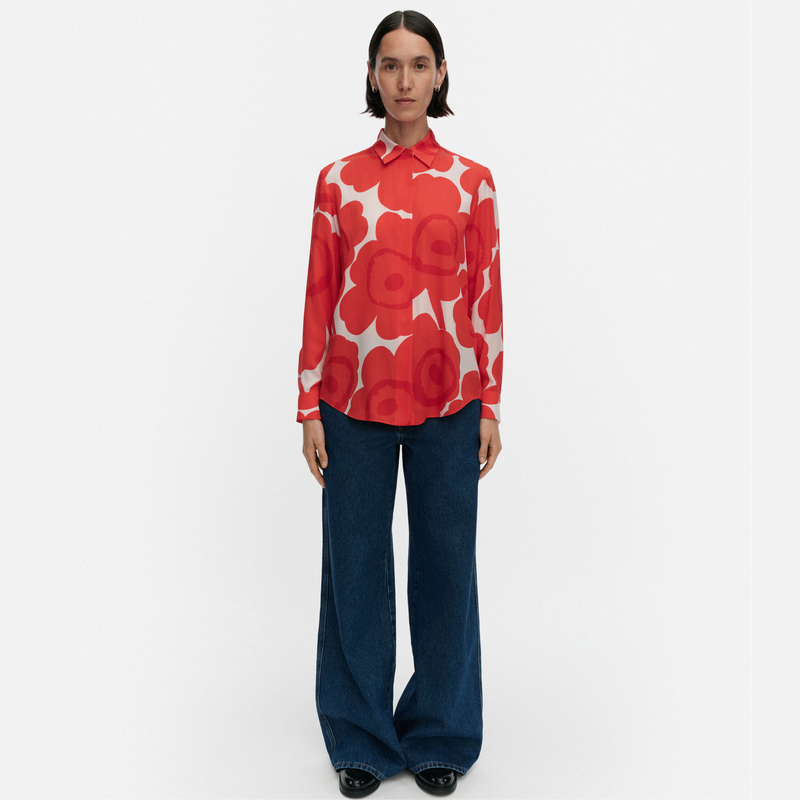 Maija Unikko Seidenbluse Weiss/Rot