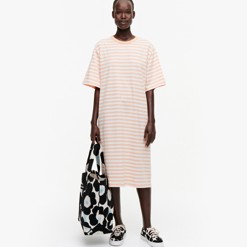 Aikamieli Tasaraita Kleid Weiß/Aprikose